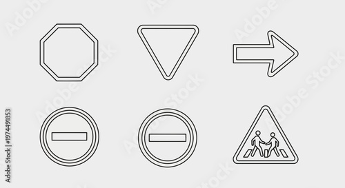 Set of road signs including stop, yield, direction, no entry, and pedestrian crossing warnings