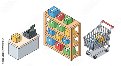 Isometric retail store scene featuring a checkout counter, shelves stocked with boxes, and a shopping cart with items