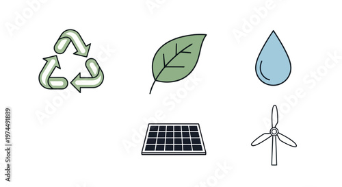 Environmental Icons Representing Sustainability, Nature, and Renewable Energy Sources
