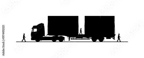 Truck with Large Containers and Pedestrians Silhouette Vector