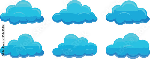 Set of blue cloud shapes with soft glowing effect, decorative sky cloud sticker elements for dreamy weather and design use