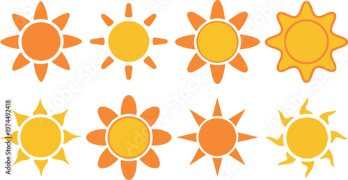 Set of bright yellow and orange sun icons with different ray styles, abstract weather symbol collection for summer design