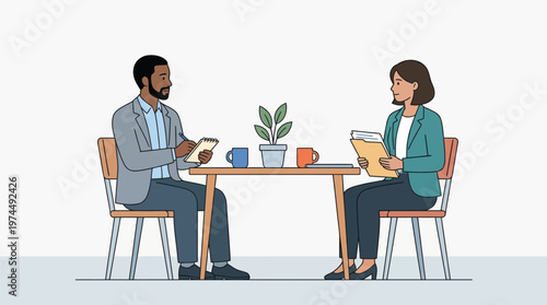 Business Meeting between Man and Woman at Table, Vector Illustration
