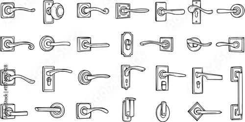 Hand-Drawn Sketch Collection of Various Door Handles, Levers, and Knobs. Detailed Outline Vector Set of Home Interior Hardware Icons and Designs for Doors