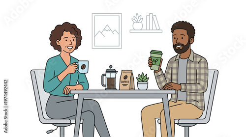 Friends Drinking Coffee Together in Modern Cafe