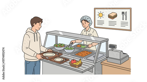 Student Getting Lunch from Cafeteria Worker at School Canteen Line Vector Illustration