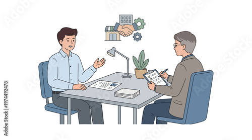 Job Interview Discussion between Young Man and HR Manager at Office Desk Vector Illustration