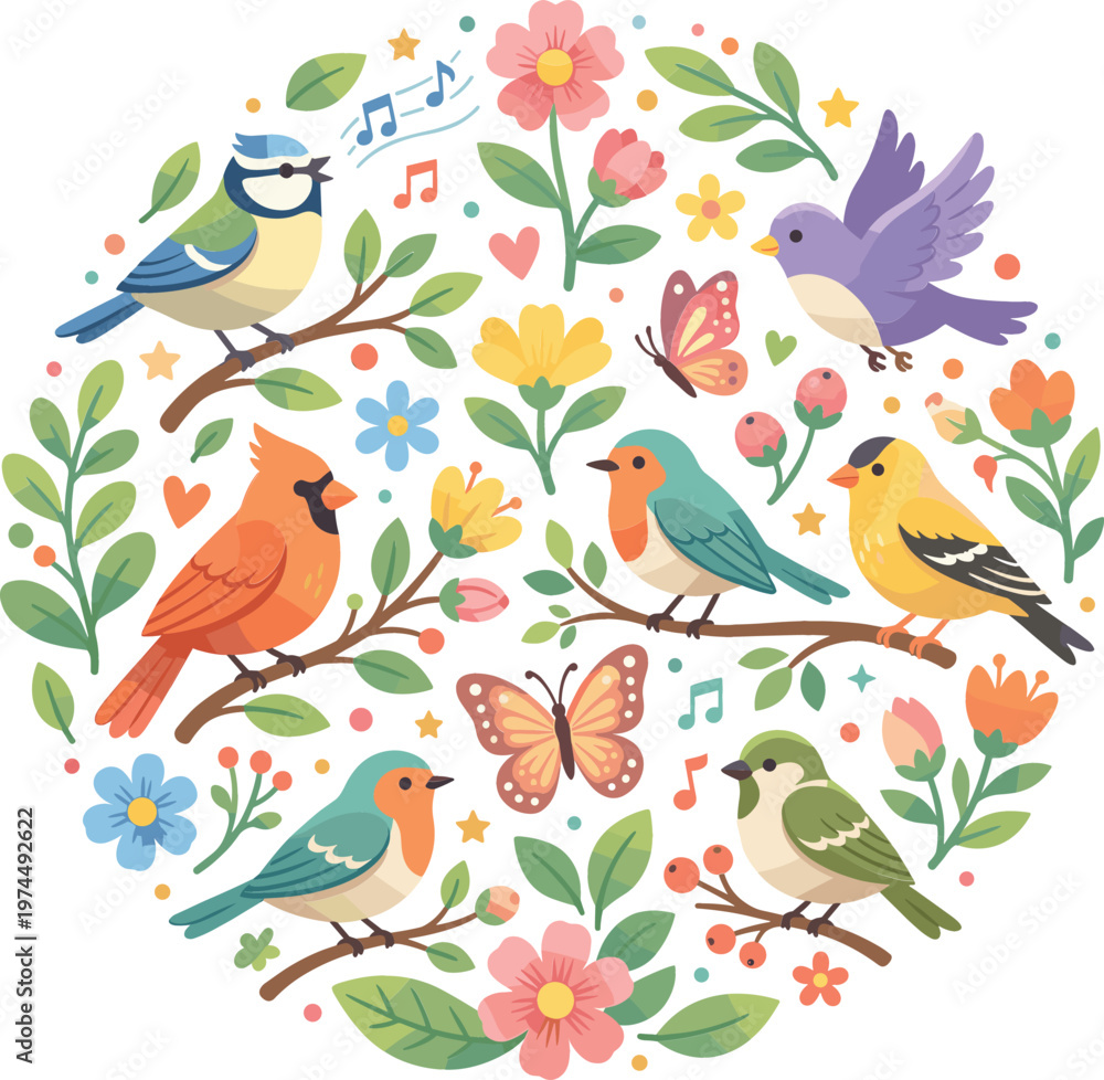 Fototapeta premium Set of Colorful Songbird Characters and Spring Flowers Arranged in a Circular Frame with Butterflies and Musical Notes for Nature Lovers and Seasonal Garden Designs
