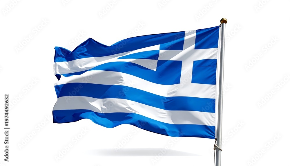 Fototapeta premium Greek Flag Waving Proudly in the Wind Against White Background.