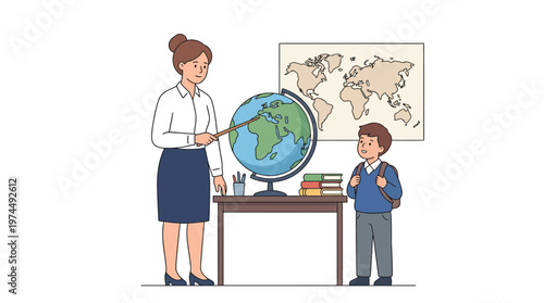 Female Teacher Explaining Geography to Schoolboy with Globe and World Map Illustration Isolated on White
