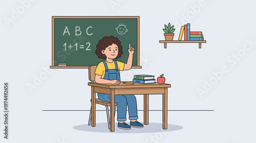 Young Girl Raising Hand Answering Question in Classroom Flat Vector Illustration