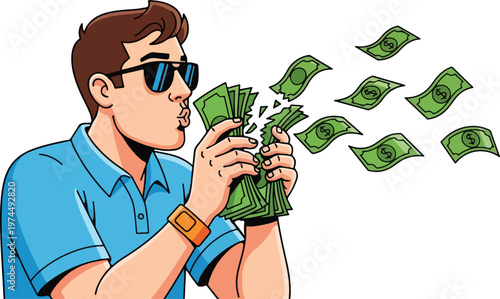 Cartoon man blowing money, cash flying, financial freedom concept, vector illustration