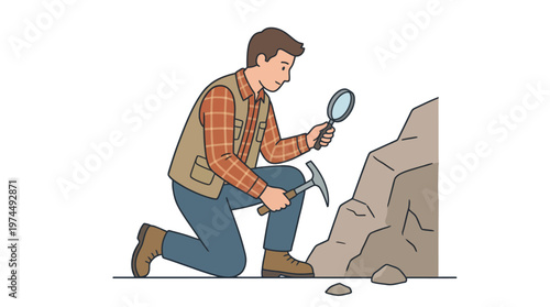Geologist Man Kneeling Examining Rock with Magnifying Glass and Hammer Illustration Isolated on White