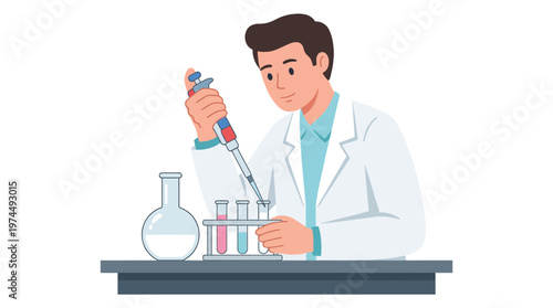 Male Scientist Pipetting Liquid into Test Tubes in Laboratory - Flat Vector Illustration