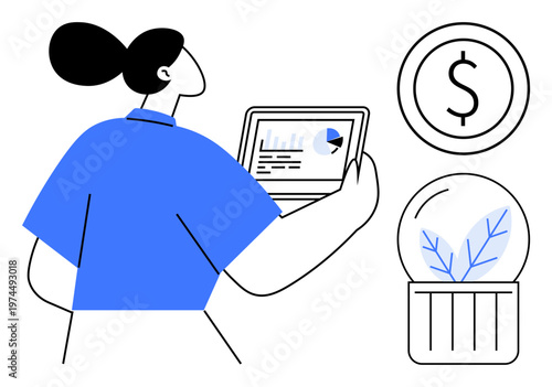 Financial planning, data analytics, sustainability, economic growth, environmental awareness, decision-making. Woman viewing analytics on a tablet, dollar sign and plant in eco-globe. Financial