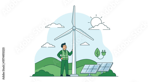 Renewable Energy Engineer Inspecting Wind Turbine and Solar Panels in Green Landscape Illustration