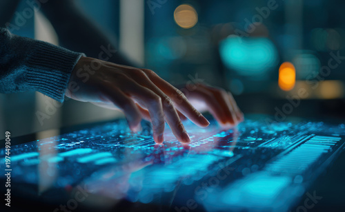 Human Hands Touching Glowing Blue Digital Control Screens