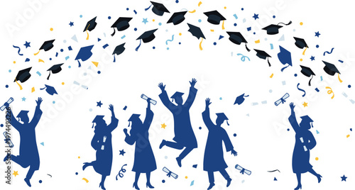 Jumping Student Silhouettes Celebrating Graduation Ceremony with Tossed Academic Caps and Confetti for University Commencement Party and Higher Education Success Graphic Designs