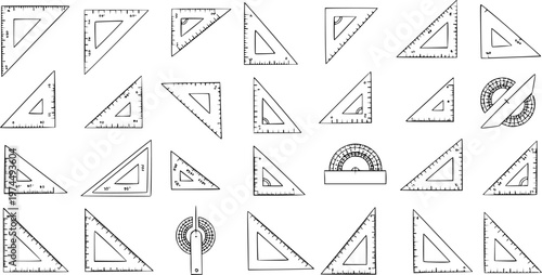 Hand-drawn set of geometric measuring tools, including various triangular rulers, set squares, and protractors, perfect for education, math, and technical drawing concepts.