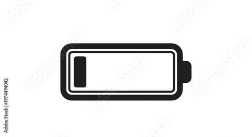 Simple black icon of a battery with a low charge level indicates the need for power or recharging on a device.