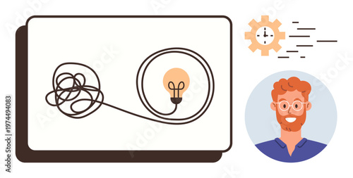 Problem solving, creative thinking, time management, innovation, productivity, efficiency. Image shows tangled line forming a bulb next to a clock gear and person. Problem solving and creative