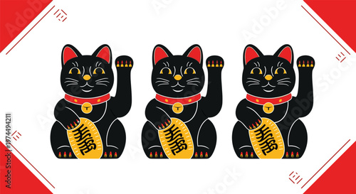 Three traditional black Japanese beckoning cats known as maneki-neko are arranged in a row with their paws raised.