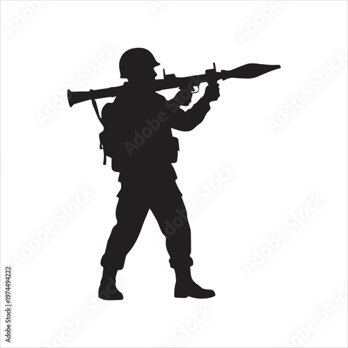 Silhouette of a Soldier Holding an Anti-Tank Rocket Launcher on White Background