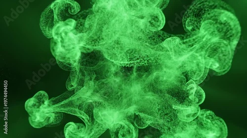 Abstract Green Smoke Explosion and Spreading Particles on Dark Background.