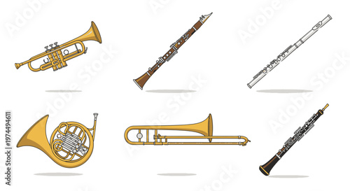 Brass and woodwind musical instruments collection.
