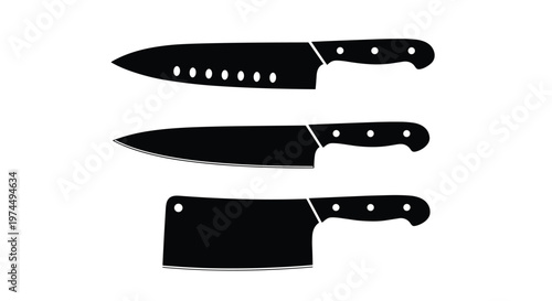 Three black silhouettes of various kitchen knives including a cleaver and chef's knives on a white background.
