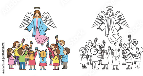 Angel Hovering Over a Group of Children Holding Decorated Easter Eggs, Religious Christian Illustration with a Black and White Coloring Page Version for Kids Activities