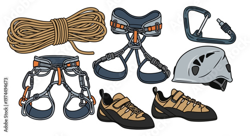 Climbing equipment laid out on surface.