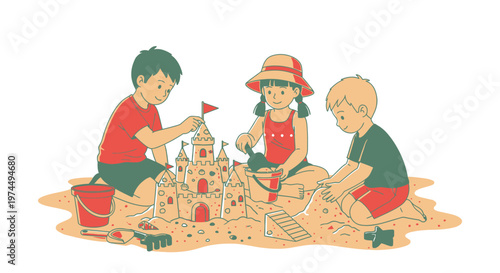 Children building sand castle together.