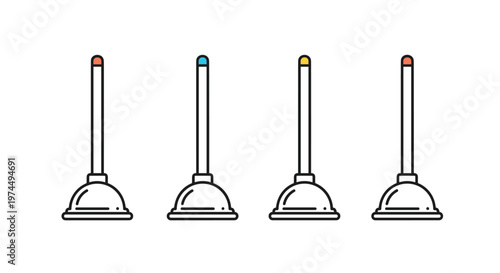 Row of four professional toilet plungers with handles featuring differently colored tips in red, blue, and yellow on a white background.