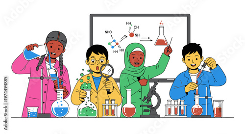 Four people in lab coats working.