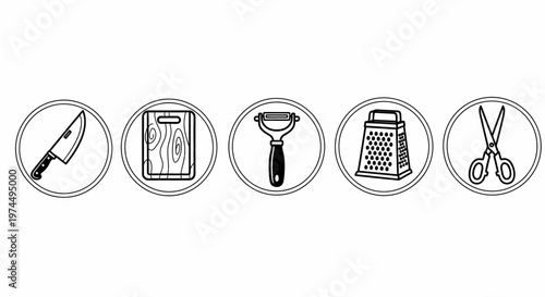 Kitchen utensil icons on white background.
