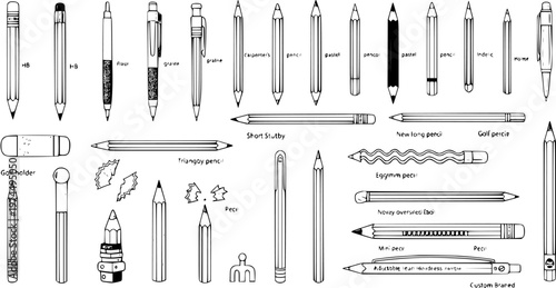 Assorted Pencil Types Line Art: Diverse Collection of Writing and Drawing Tools