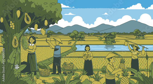 People harvesting fruit in a field.