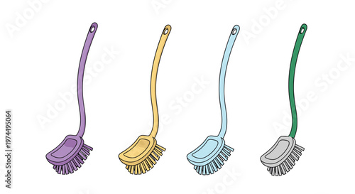 Set of four plastic toilet cleaning brushes with long curved handles in shades of purple yellow blue and green arranged on a white background.