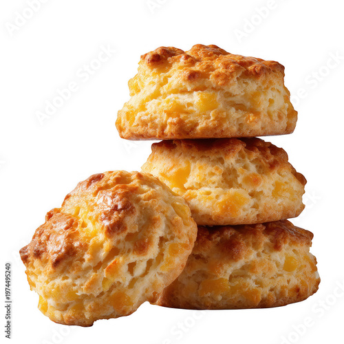 A delicious stack of freshly baked cheddar cheese biscuits with a golden brown crust and texture isolated on transparent background