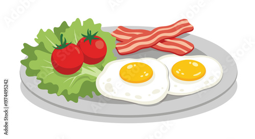 Hearty breakfast plate with two sunny side up eggs crispy bacon strips fresh tomatoes and lettuce leaves arranged nicely for a morning meal.