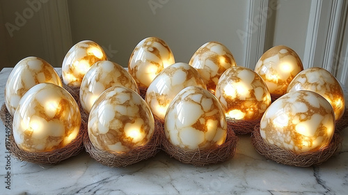 Illuminated egg shaped lamps marble pattern warm light decorative nest base modern interior cozy ambiance unique lighting home decor accent