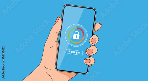 Human hand holding a smartphone showing a secure lock screen with a password entry field and a colorful progress ring on a blue background.