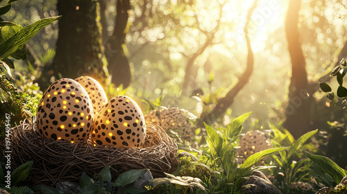 Spotted egg nest forest sunlight nature plant woven glowing morning wild habitat create magical and peaceful atmosphere in lush green woodland setting