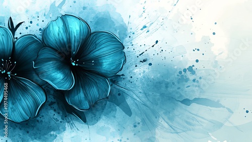 Elegant Light Blue Floral Art with Hand Drawn Flowers and Decorative Elements for Home Decor