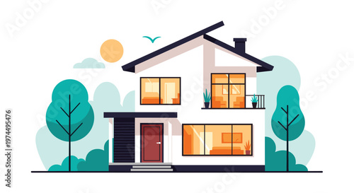 Modern two story residential house with a balcony and large windows surrounded by teal trees and a yellow sun for real estate advertising.