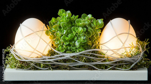 Illuminated egg shaped lights, green succulent plant, decorative moss, and woven twigs on white rectangular base create modern, cozy centerpiece for home or event decor