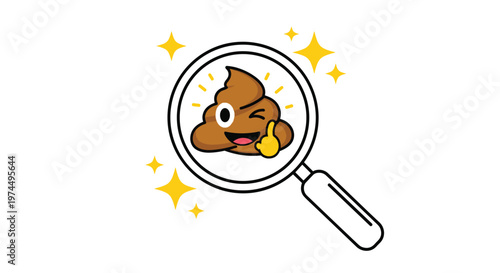 Large magnifying glass revealing a winking poop emoji character giving a thumbs up with yellow stars sparkling in the background for humor.