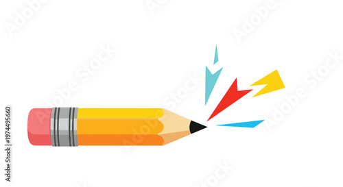 Horizontal yellow pencil with an eraser and colorful geometric sparks radiating from the lead tip to symbolize creativity and inspiration.