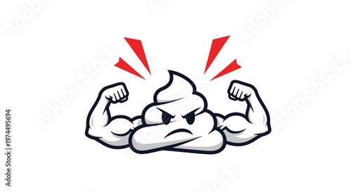 Strong and angry cartoon poop character with muscular arms shows a humorous take on digestive health and strength.